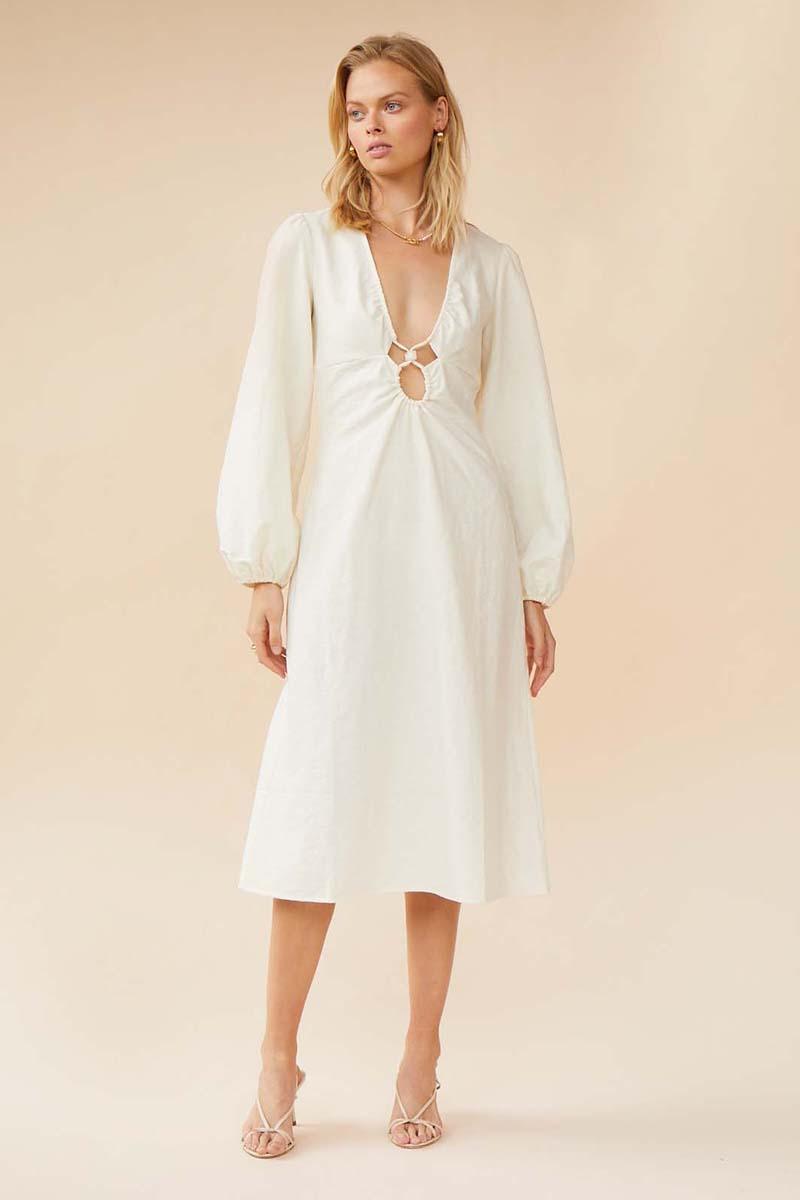 Astrid Resin Detail Sleeved Midi Dress - Ivory
