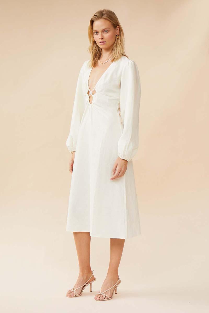 Astrid Resin Detail Sleeved Midi Dress - Ivory
