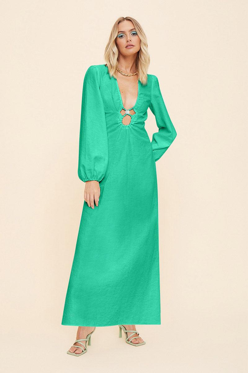 Elodie Long Sleeve Keyhole Front Maxi Dress - Green - SUBOO AU